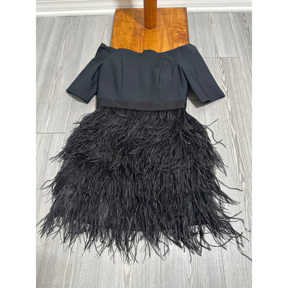 NWT MILLY Megan Mini Feather Dress Black 10 Off The Shoulder Tiered Party LBD